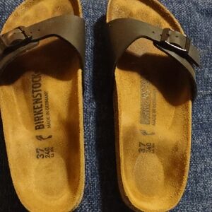 Birkenstock Black Single Strap Suede Footbed Sandals